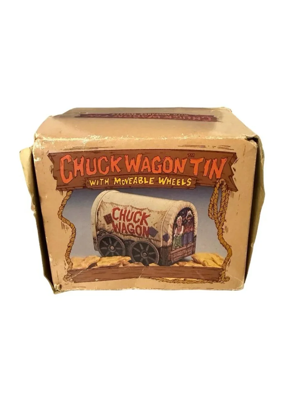 Vintage Giftco Chuck Wagon Tin With Moveable Wheels Western Covered Wagon Candy